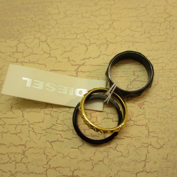 DIESEL Black Gold Stack Rings Unisex~Vintage NOS Industrial Size 6.5 Stack Rings - Picture 14 of 14